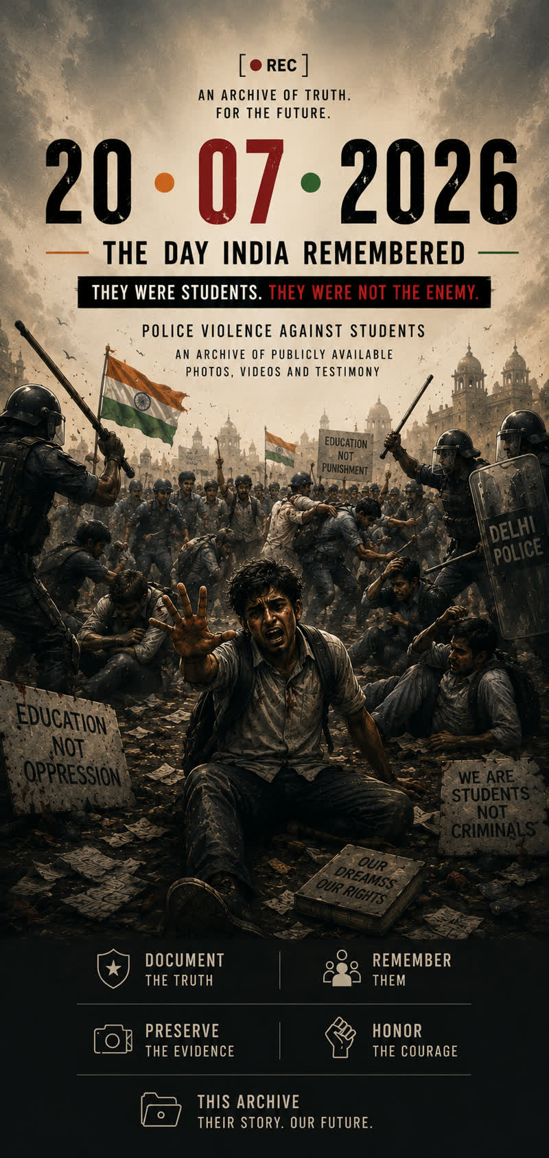 Illustration of riot police holding batons and Delhi Police riot shields standing over injured students on the ground, surrounded by scattered protest placards and Indian flags, with the event's date and title overlaid on the artwork.